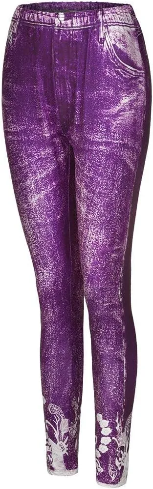 Denim Leggings for Women High Waisted Skinny Plus Size Printing Tights Leggings Compression Slim Fit Elastic Waist Leggings