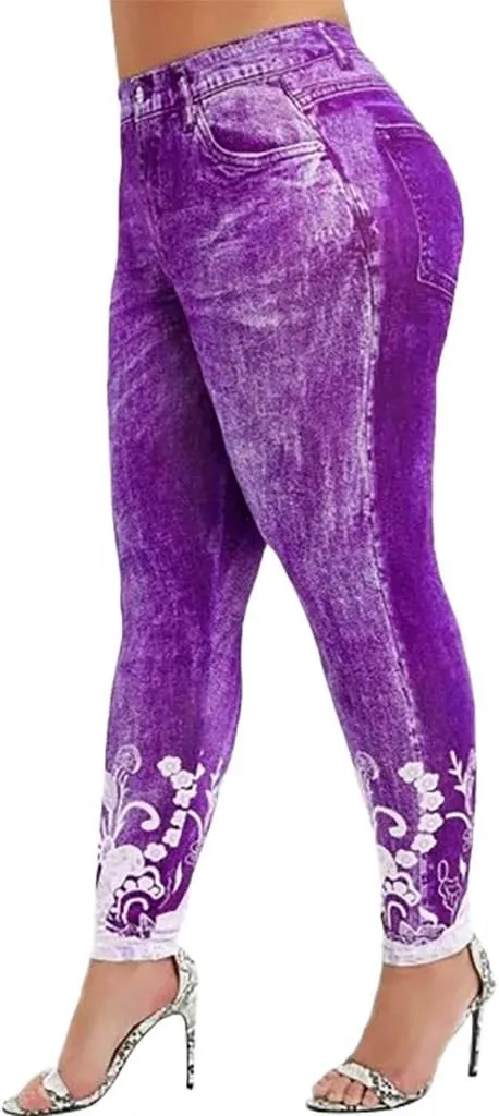 Denim Leggings for Women High Waisted Skinny Plus Size Printing Tights Leggings Compression Slim Fit Elastic Waist Leggings
