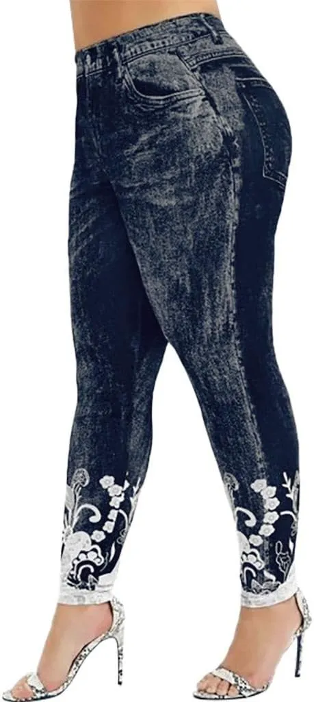 Denim Leggings for Women High Waisted Skinny Plus Size Printing Tights Leggings Compression Slim Fit Elastic Waist Leggings