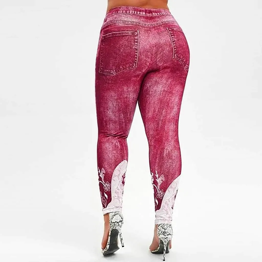 Denim Leggings for Women High Waisted Skinny Plus Size Printing Tights Leggings Compression Slim Fit Elastic Waist Leggings
