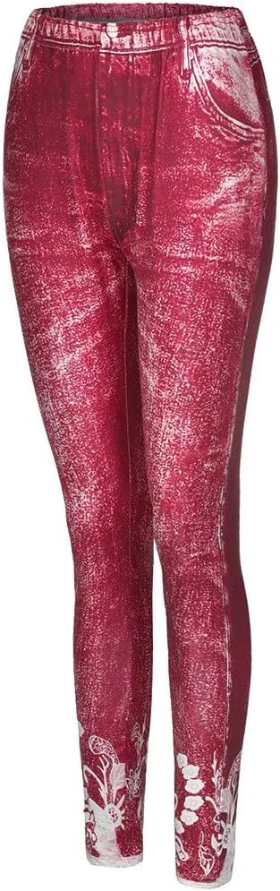 Denim Leggings for Women High Waisted Skinny Plus Size Printing Tights Leggings Compression Slim Fit Elastic Waist Leggings