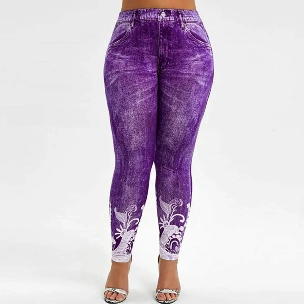 Denim Leggings for Women High Waisted Skinny Plus Size Printing Tights Leggings Compression Slim Fit Elastic Waist Leggings