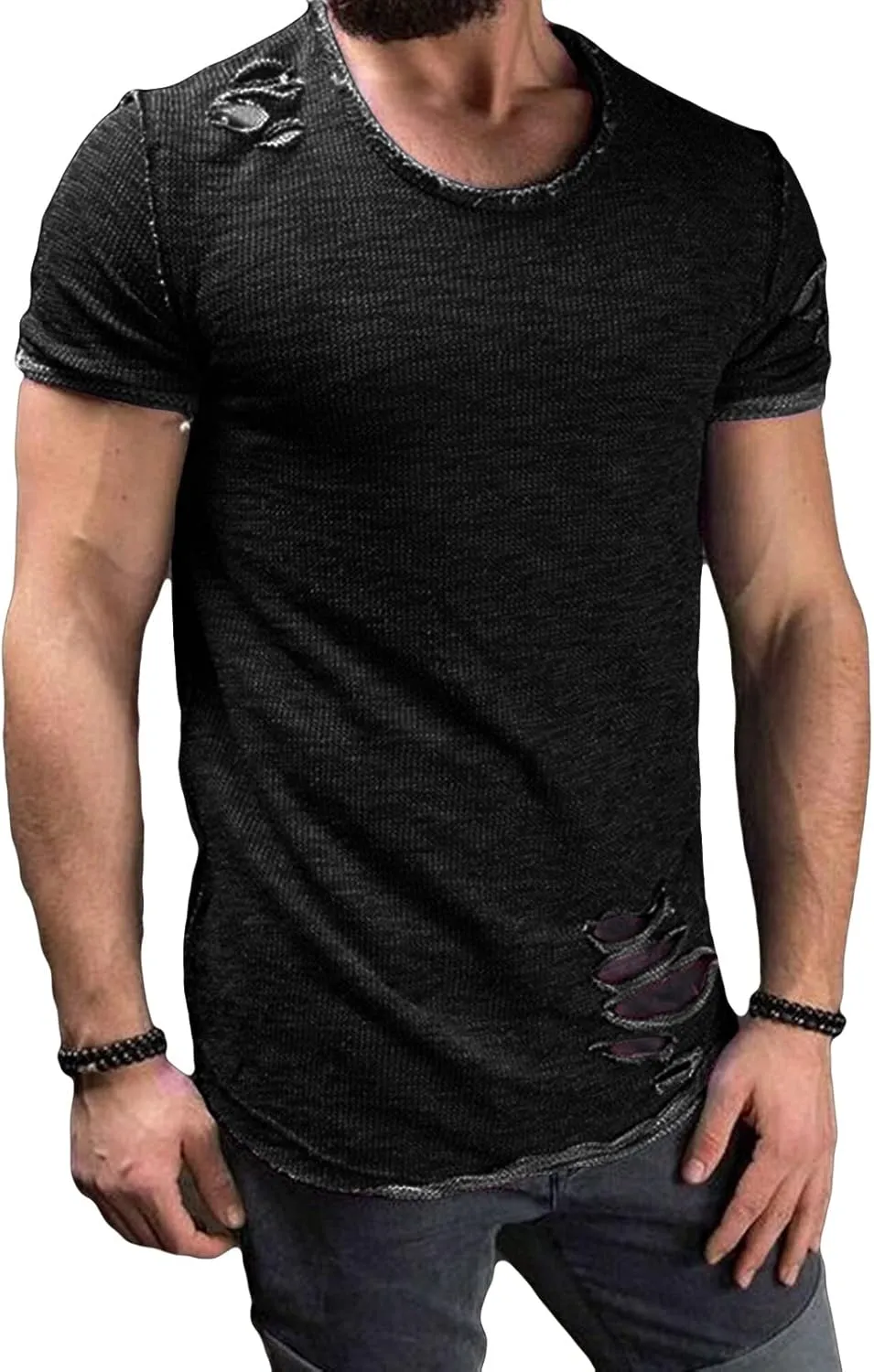 DGHM-JLMY Men's Ripped Solid Color T-Shirt Slim Fit Distressed Ripped Crewneck Tee Shirts Casual Short Sleeve Hip Hop Tees