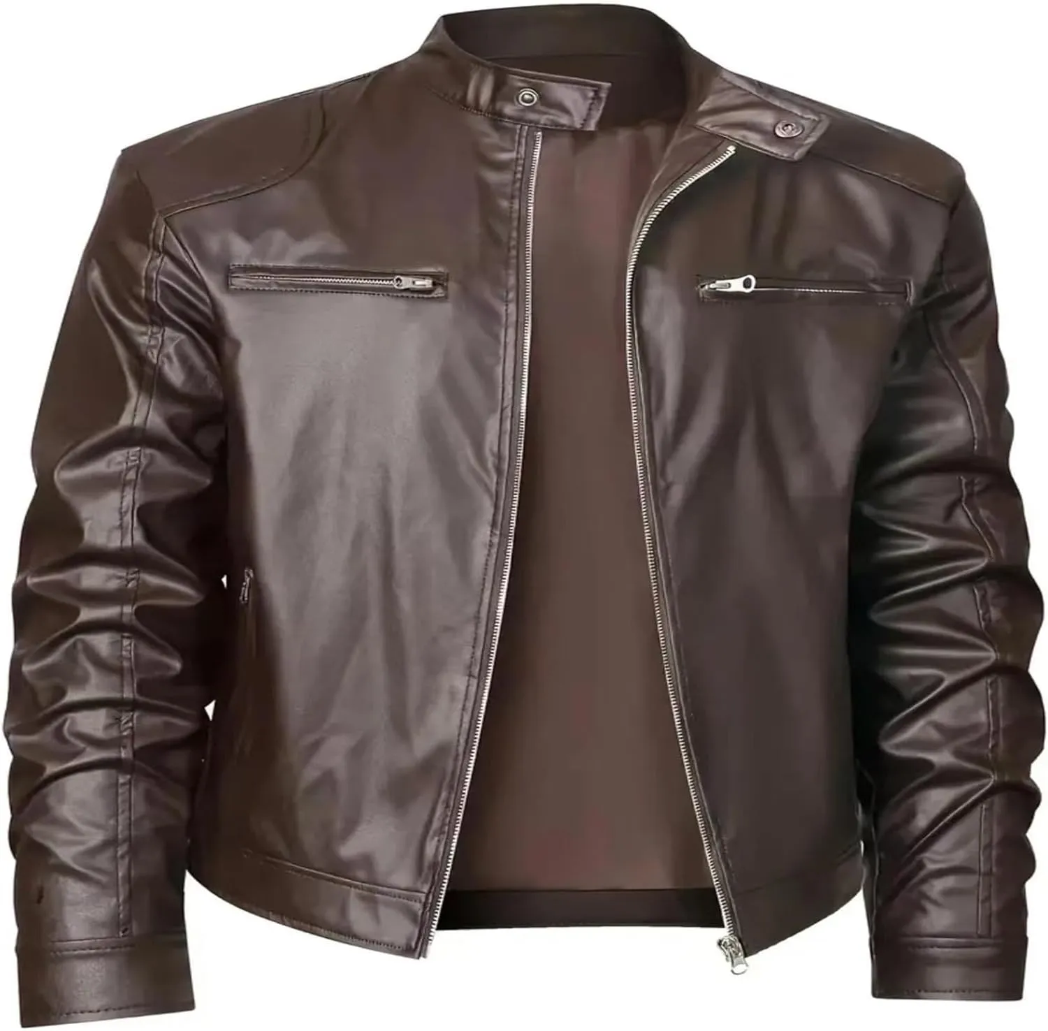 Dgoopd Leather Jackets for Men Stand Collar Moto Jacket Zip up Biker Jacket Waterproof Motorcycle Jacket Faux Leather Jacket