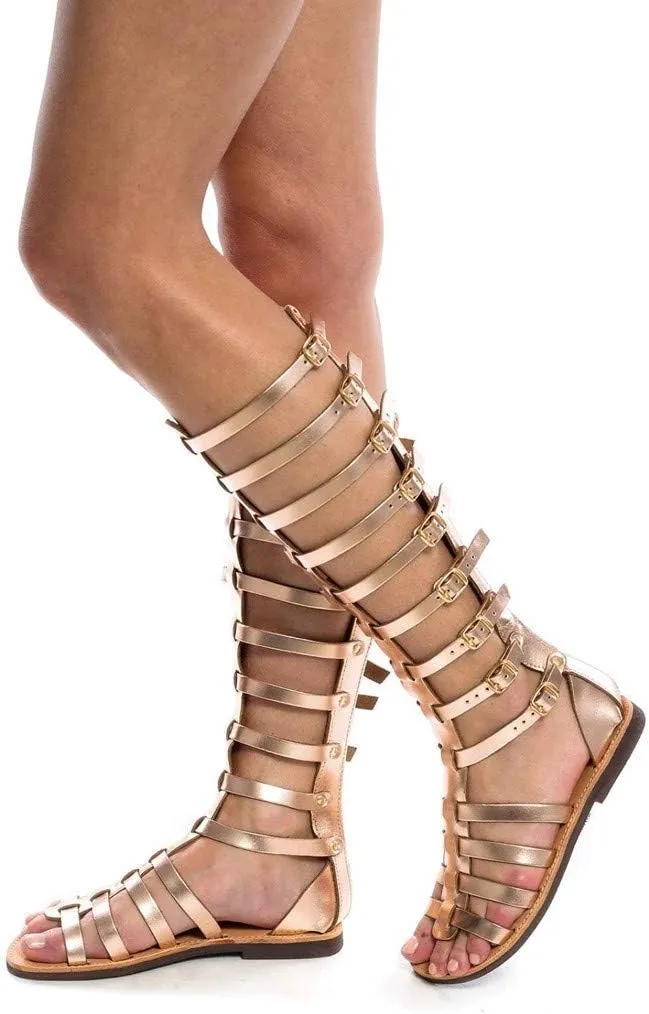 Eduavar Womens Sandals Walking Lace Up Knee High Flat Gladiator Sandals Strappy Criss Cross Open Toe Summer Beach Shoes
