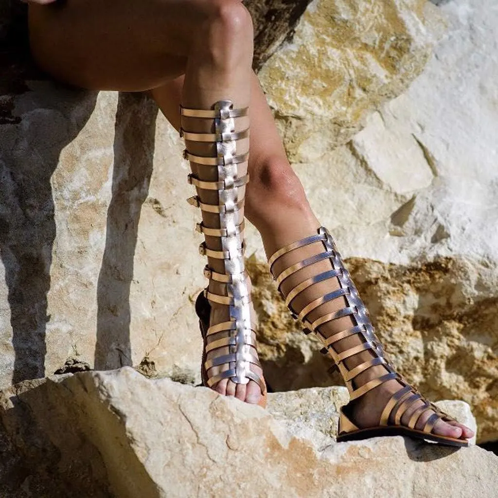 Eduavar Womens Sandals Walking Lace Up Knee High Flat Gladiator Sandals Strappy Criss Cross Open Toe Summer Beach Shoes