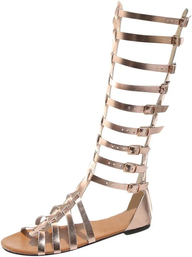 Eduavar Womens Sandals Walking Lace Up Knee High Flat Gladiator Sandals Strappy Criss Cross Open Toe Summer Beach Shoes