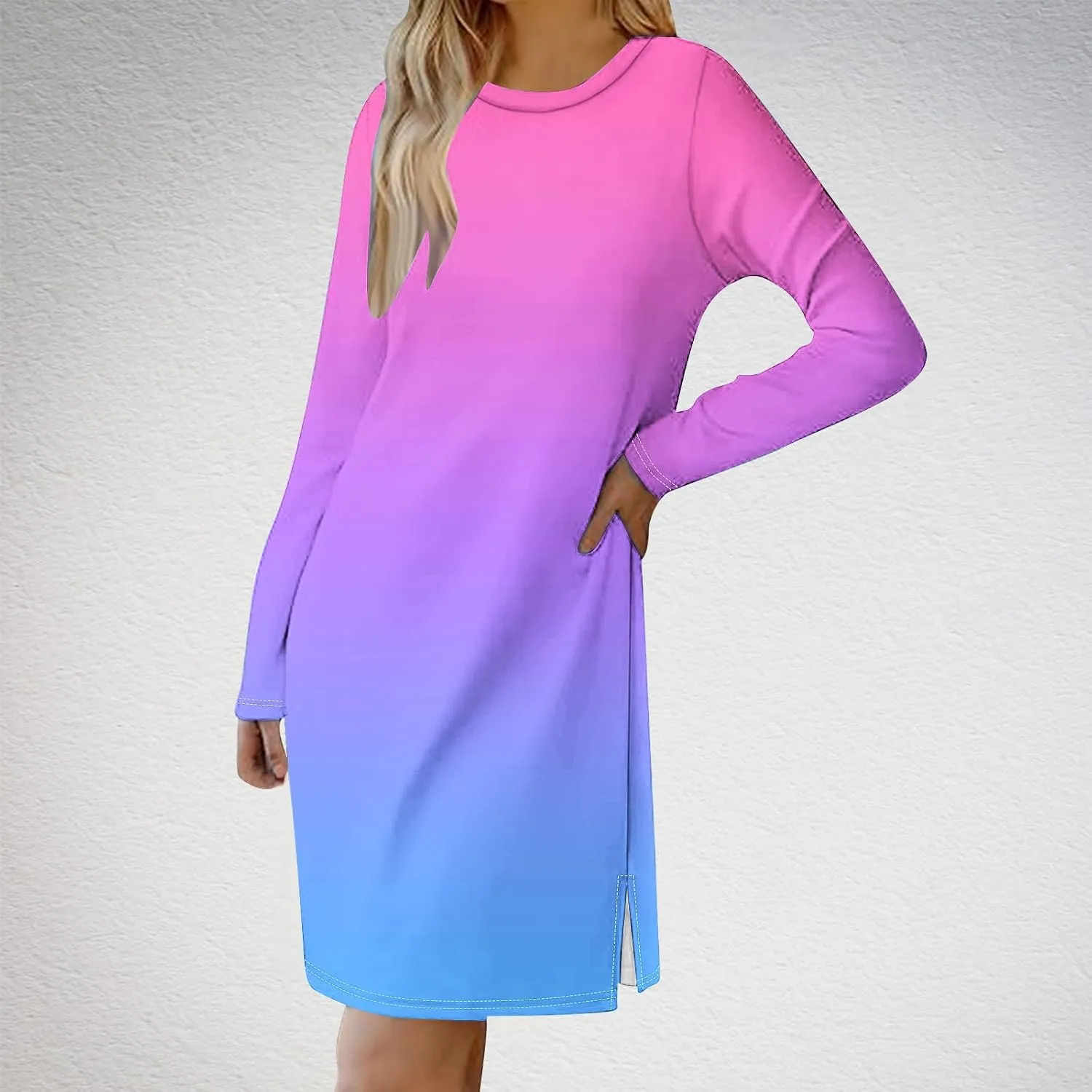 Fall Dresses for Women 2024 Casual Loose Floral Dress Long Sleeve Crew Neck Flowy Swing Mini Shift Dresses