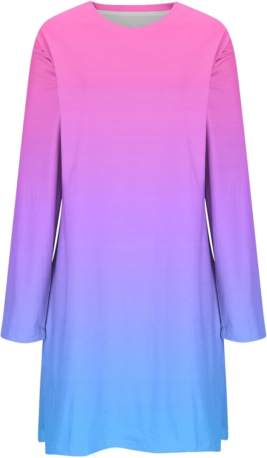 Fall Dresses for Women 2024 Casual Loose Floral Dress Long Sleeve Crew Neck Flowy Swing Mini Shift Dresses