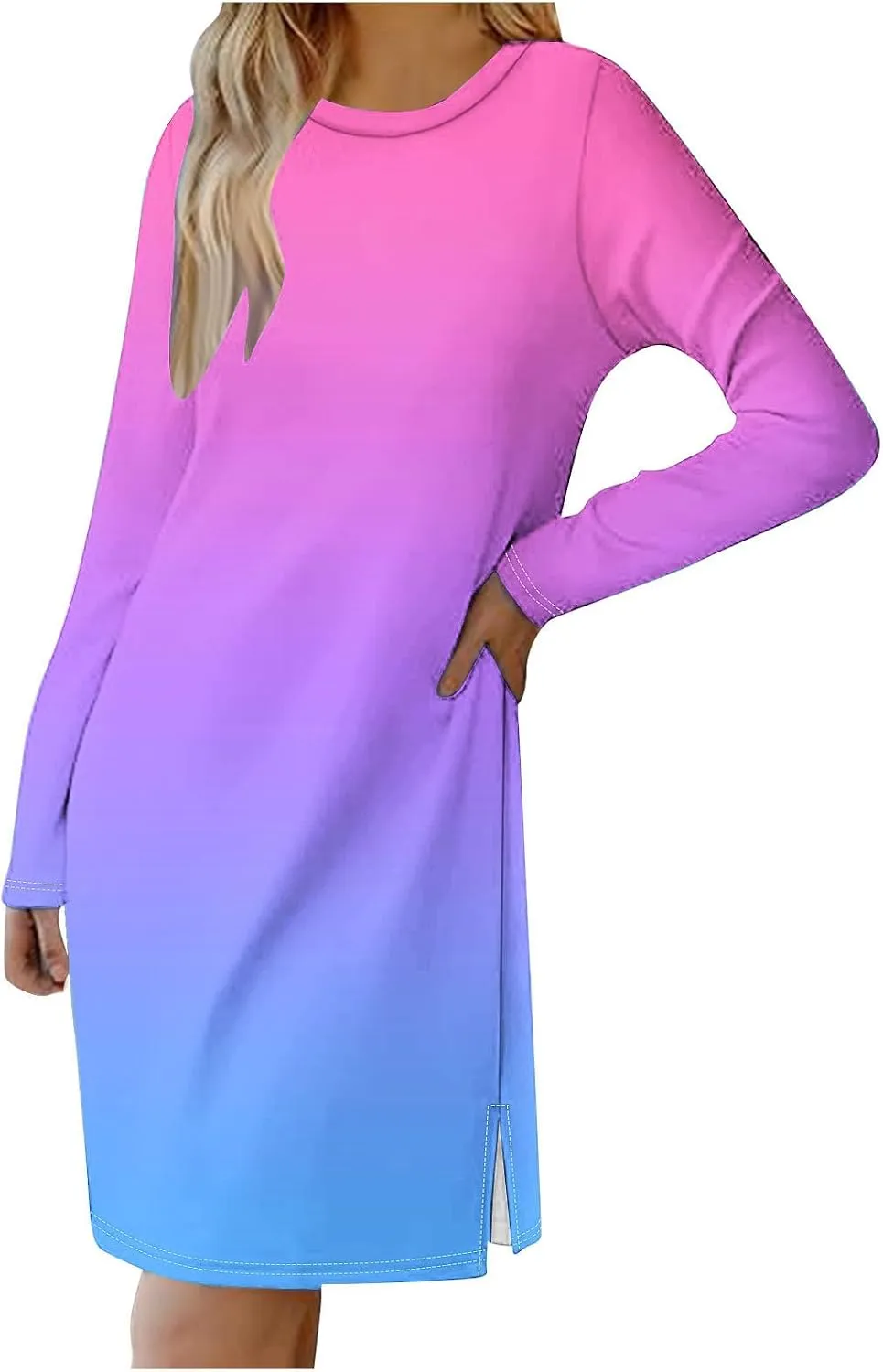 Fall Dresses for Women 2024 Casual Loose Floral Dress Long Sleeve Crew Neck Flowy Swing Mini Shift Dresses
