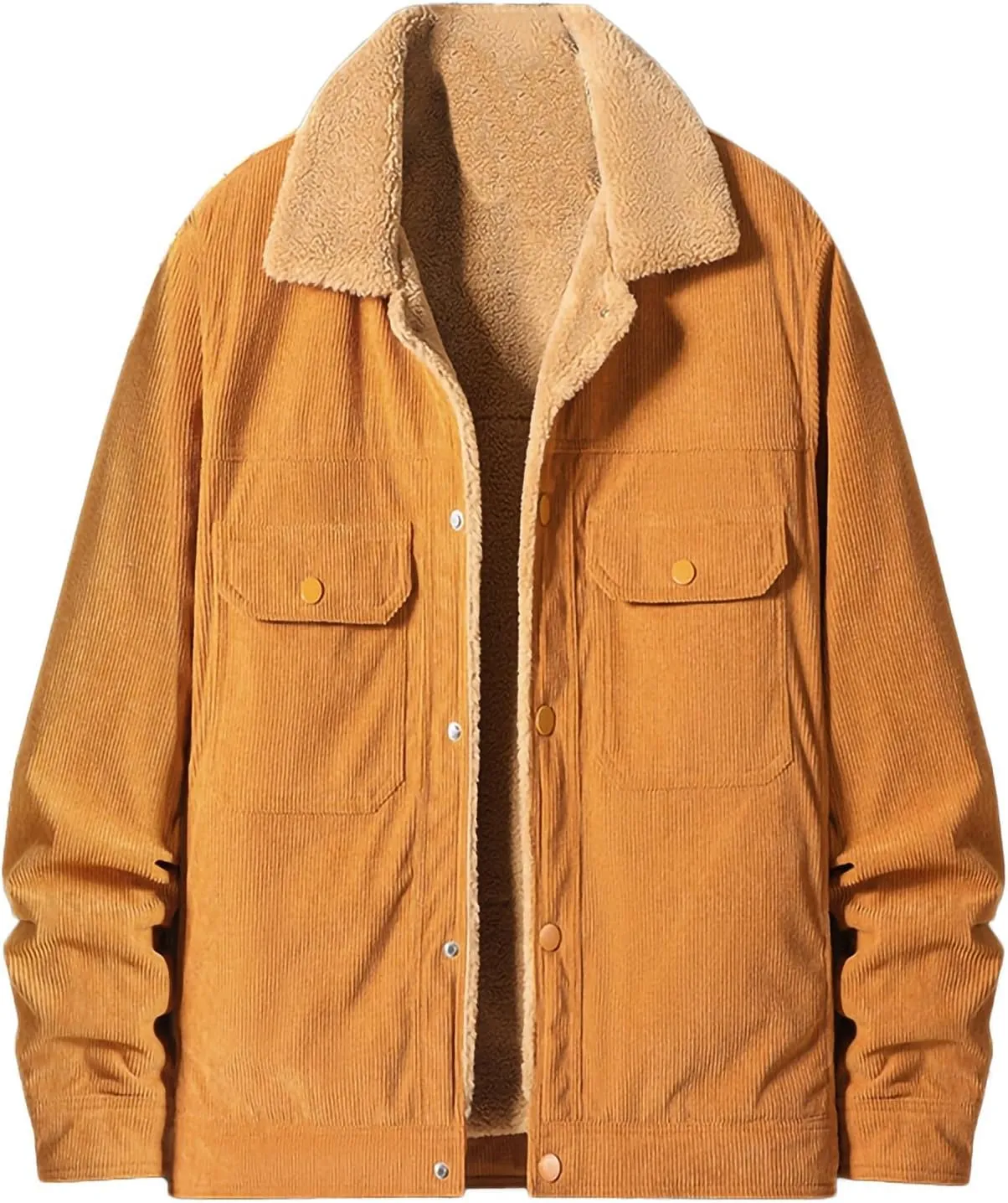 Finelylove Mens Corduroy Jacket Warm Sherpa Lined Fleece Thick Winter Coats Casual Turn Down Collar Cargo Trucker Coat