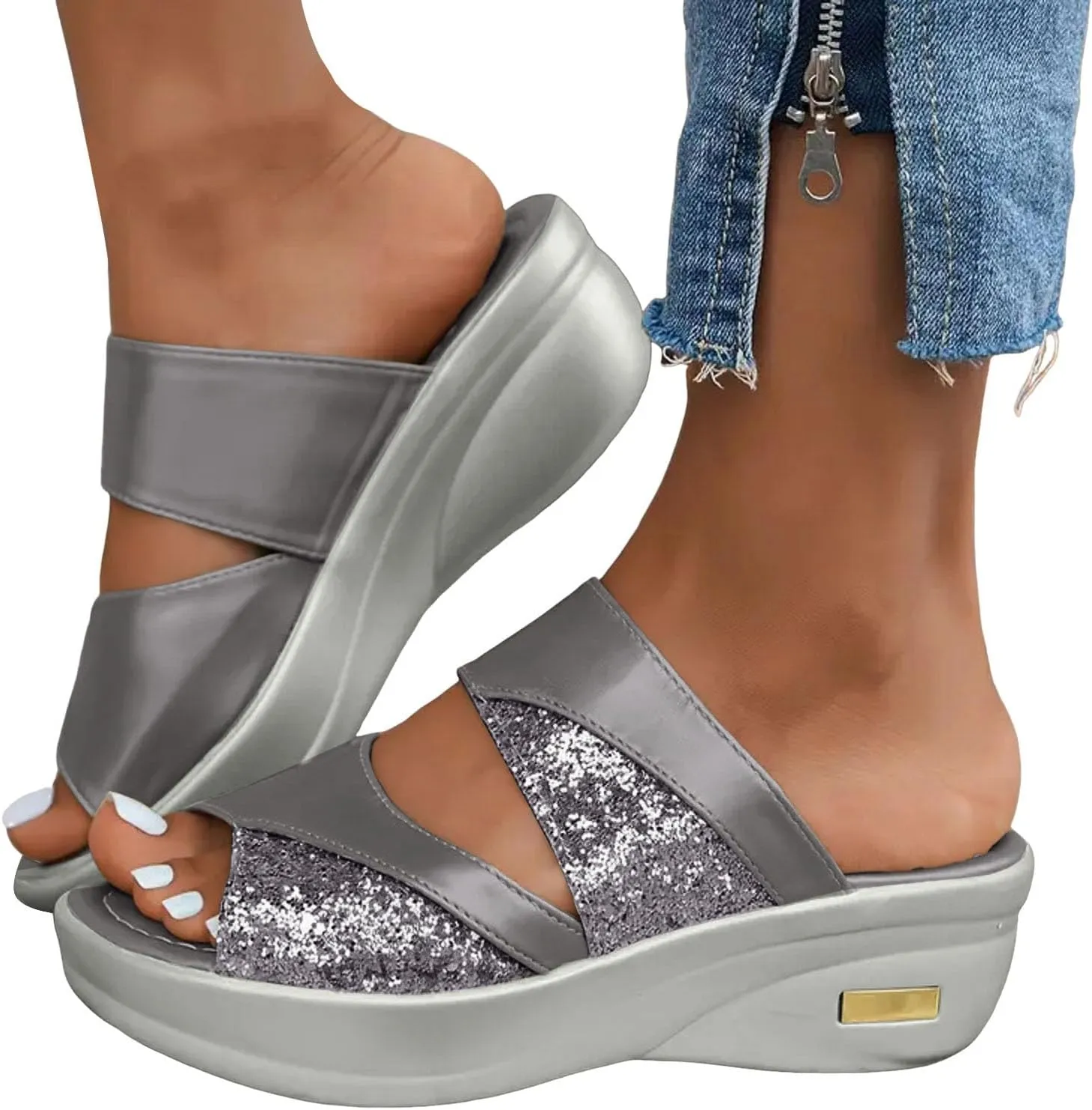 Flatform Open Toe Beach Sandals Women's Thick Soled Slippers Fashionable And Casual Shiny Fish Mouth Strap Slingback