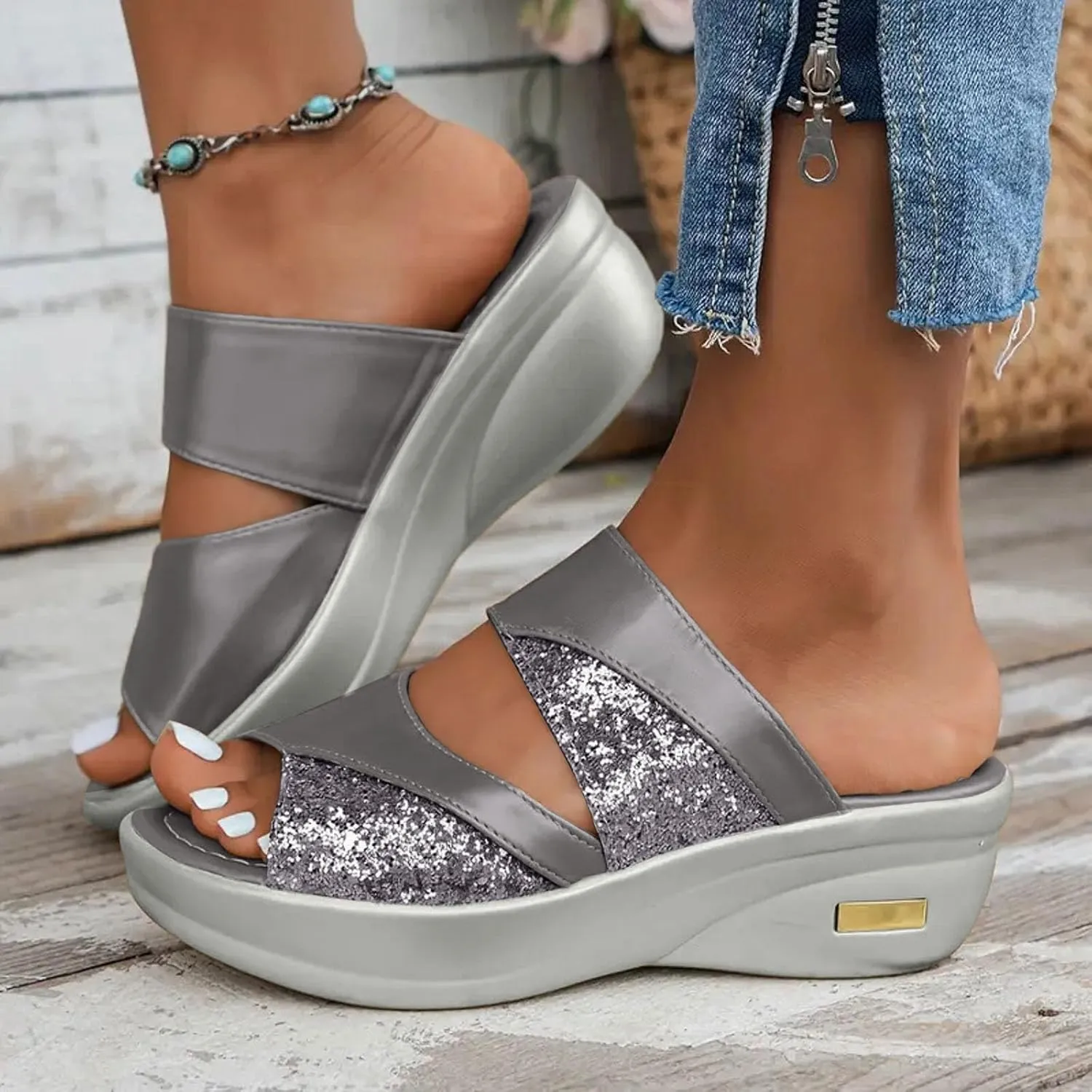 Flatform Open Toe Beach Sandals Women's Thick Soled Slippers Fashionable And Casual Shiny Fish Mouth Strap Slingback