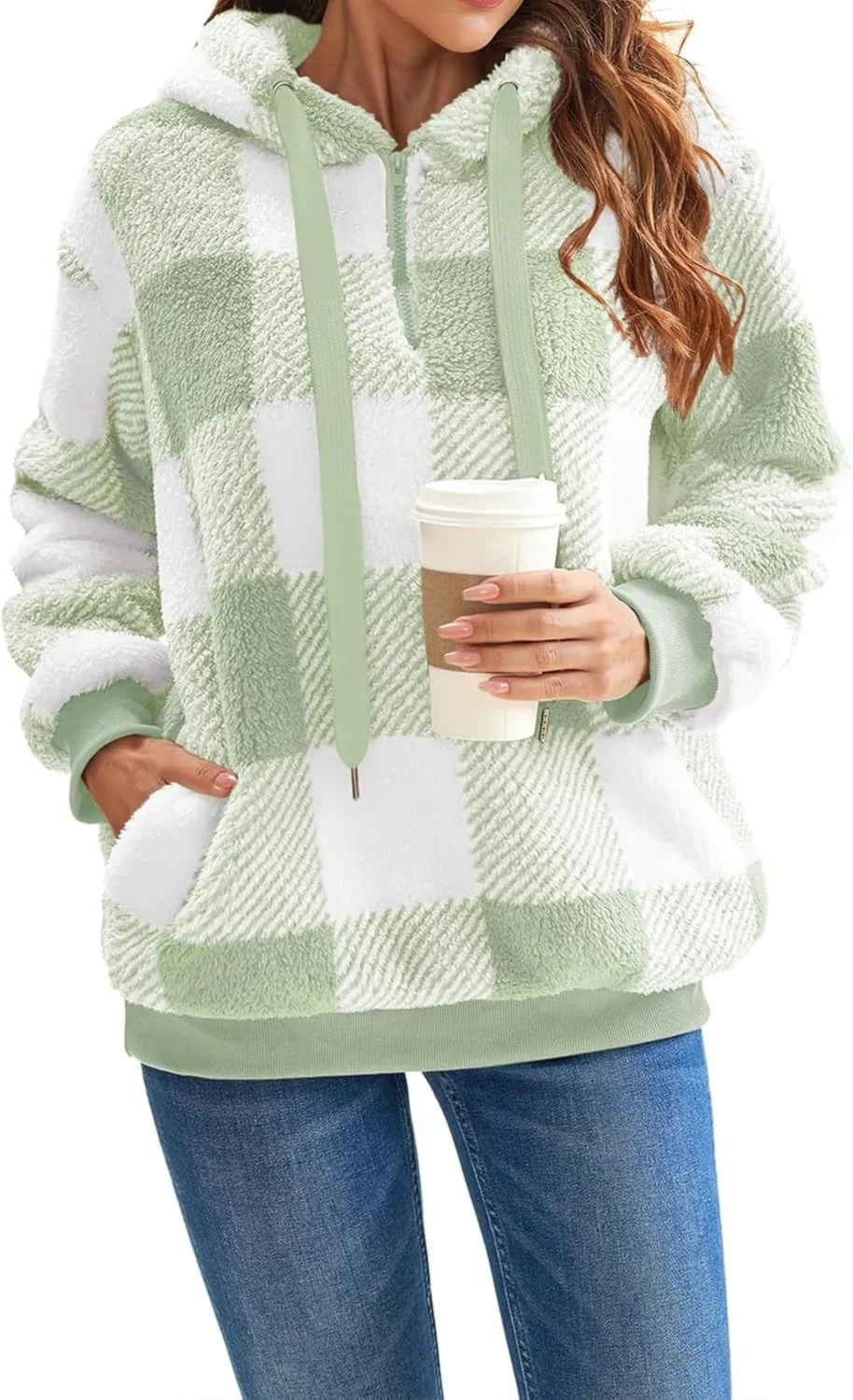 Fleece Hoodies for Women Plaid Long Sleeve Hoodie Casual Half Zip Sweatshirts Winter Sherpa Pullover