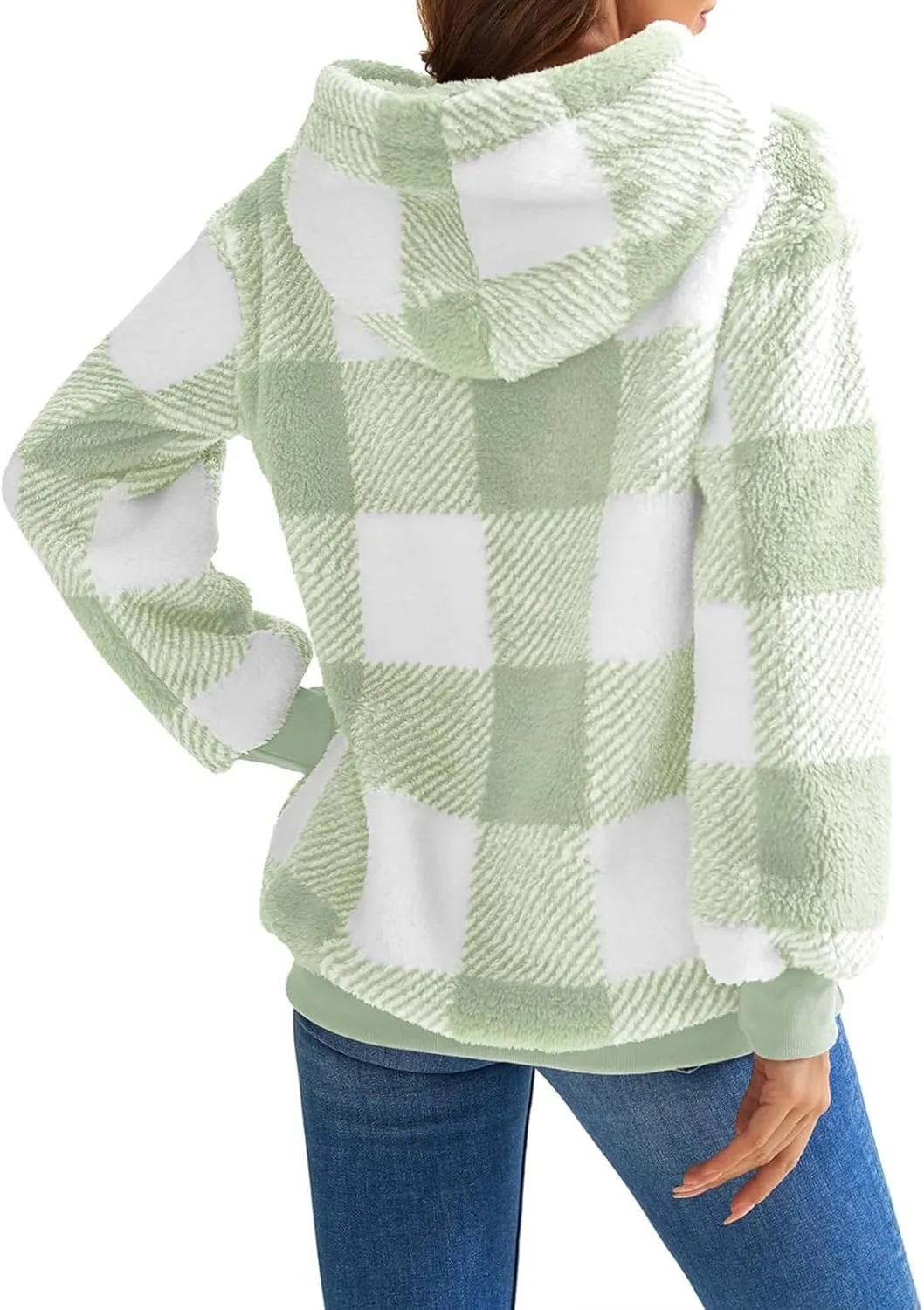 Fleece Hoodies for Women Plaid Long Sleeve Hoodie Casual Half Zip Sweatshirts Winter Sherpa Pullover