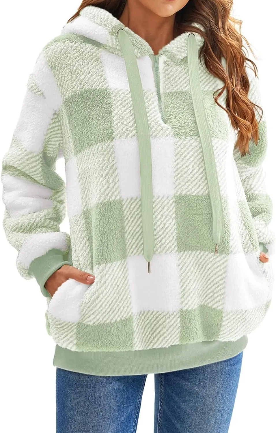 Fleece Hoodies for Women Plaid Long Sleeve Hoodie Casual Half Zip Sweatshirts Winter Sherpa Pullover