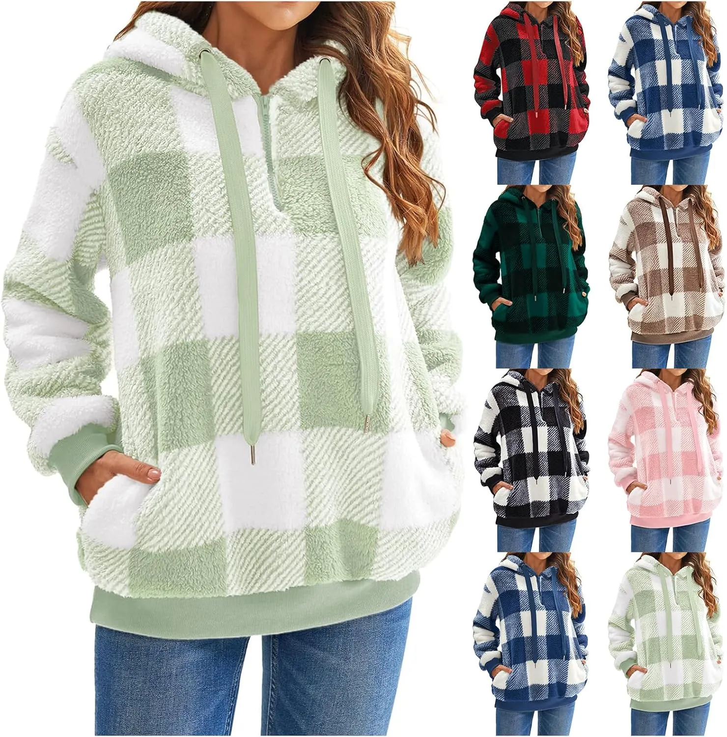 Fleece Hoodies for Women Plaid Long Sleeve Hoodie Casual Half Zip Sweatshirts Winter Sherpa Pullover