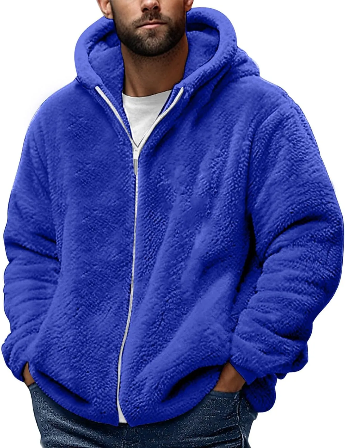 Fleece Jacket Men Fuzzy Zip up Hoodie Open Front Hooded Cardigan Faux Fur Coat Warm Fall Winter Jackets Thermal Outwear