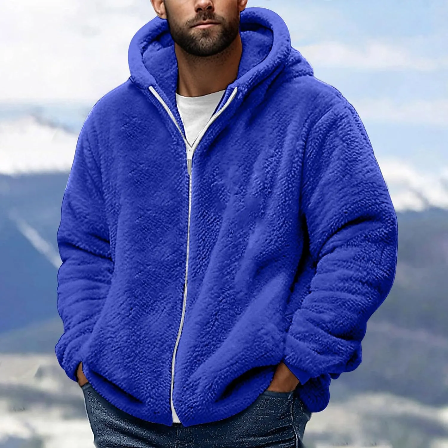 Fleece Jacket Men Fuzzy Zip up Hoodie Open Front Hooded Cardigan Faux Fur Coat Warm Fall Winter Jackets Thermal Outwear