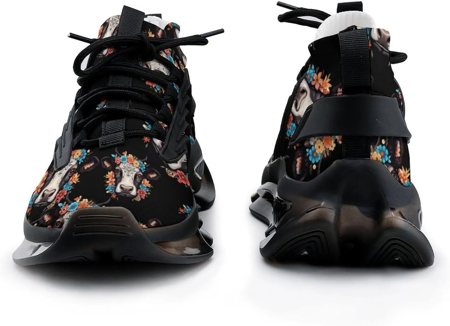 Floral Cow Head Mens Sneakers Running Shoes Lightweight Athletic Shoes for Jogging Walking Gym