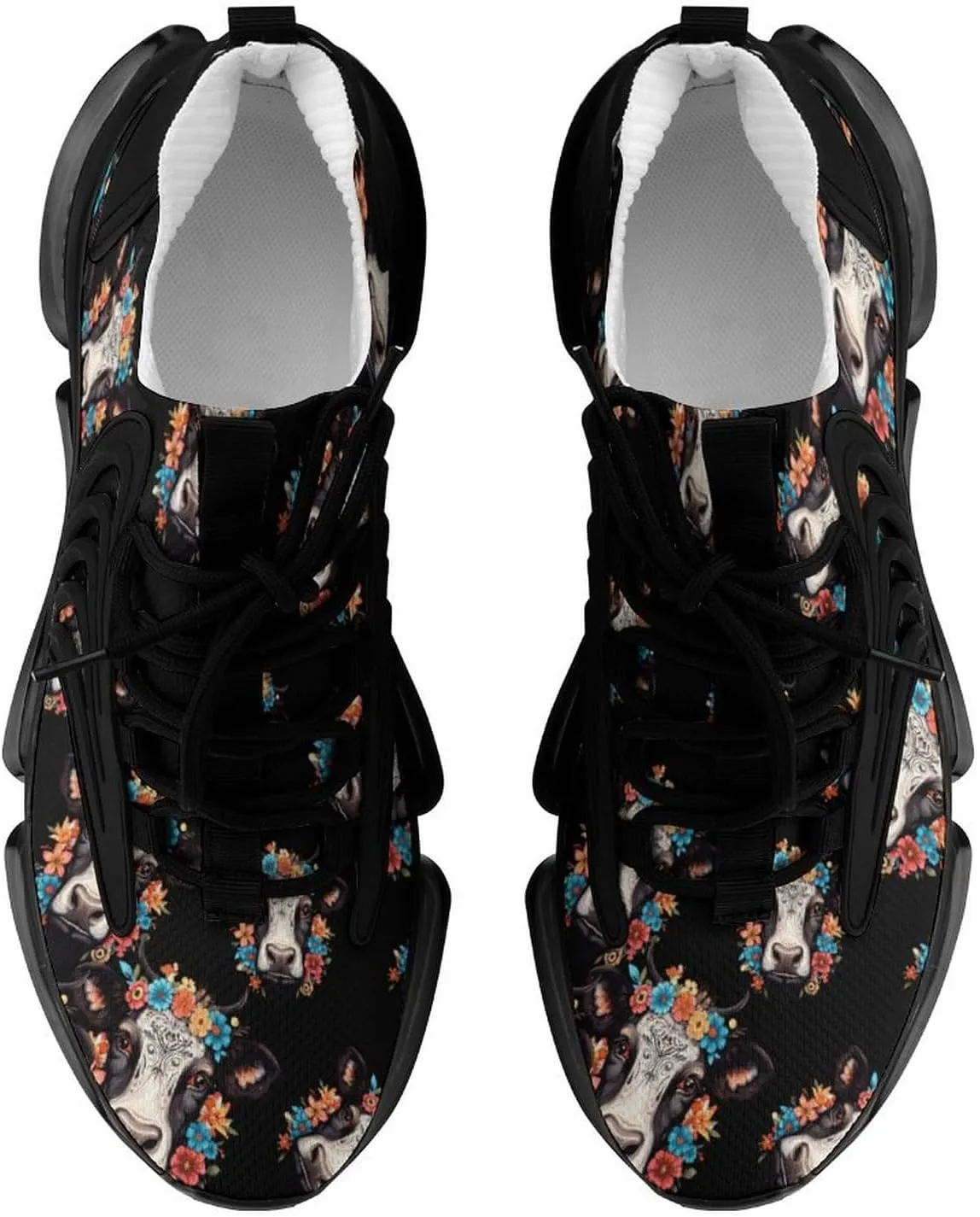 Floral Cow Head Mens Sneakers Running Shoes Lightweight Athletic Shoes for Jogging Walking Gym