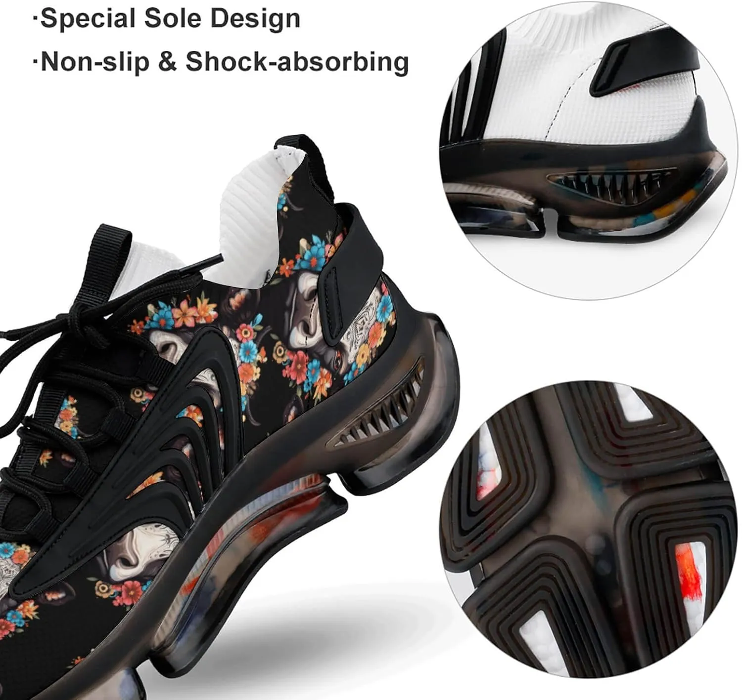 Floral Cow Head Mens Sneakers Running Shoes Lightweight Athletic Shoes for Jogging Walking Gym
