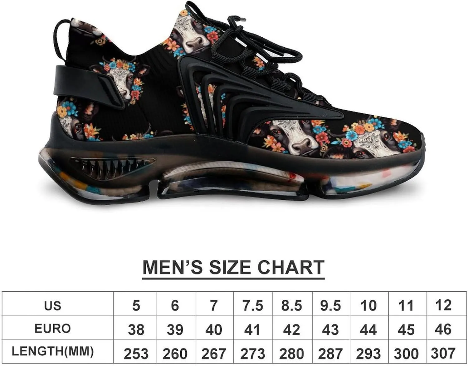 Floral Cow Head Mens Sneakers Running Shoes Lightweight Athletic Shoes for Jogging Walking Gym
