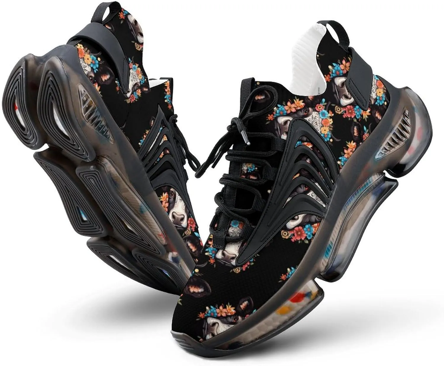 Floral Cow Head Mens Sneakers Running Shoes Lightweight Athletic Shoes for Jogging Walking Gym