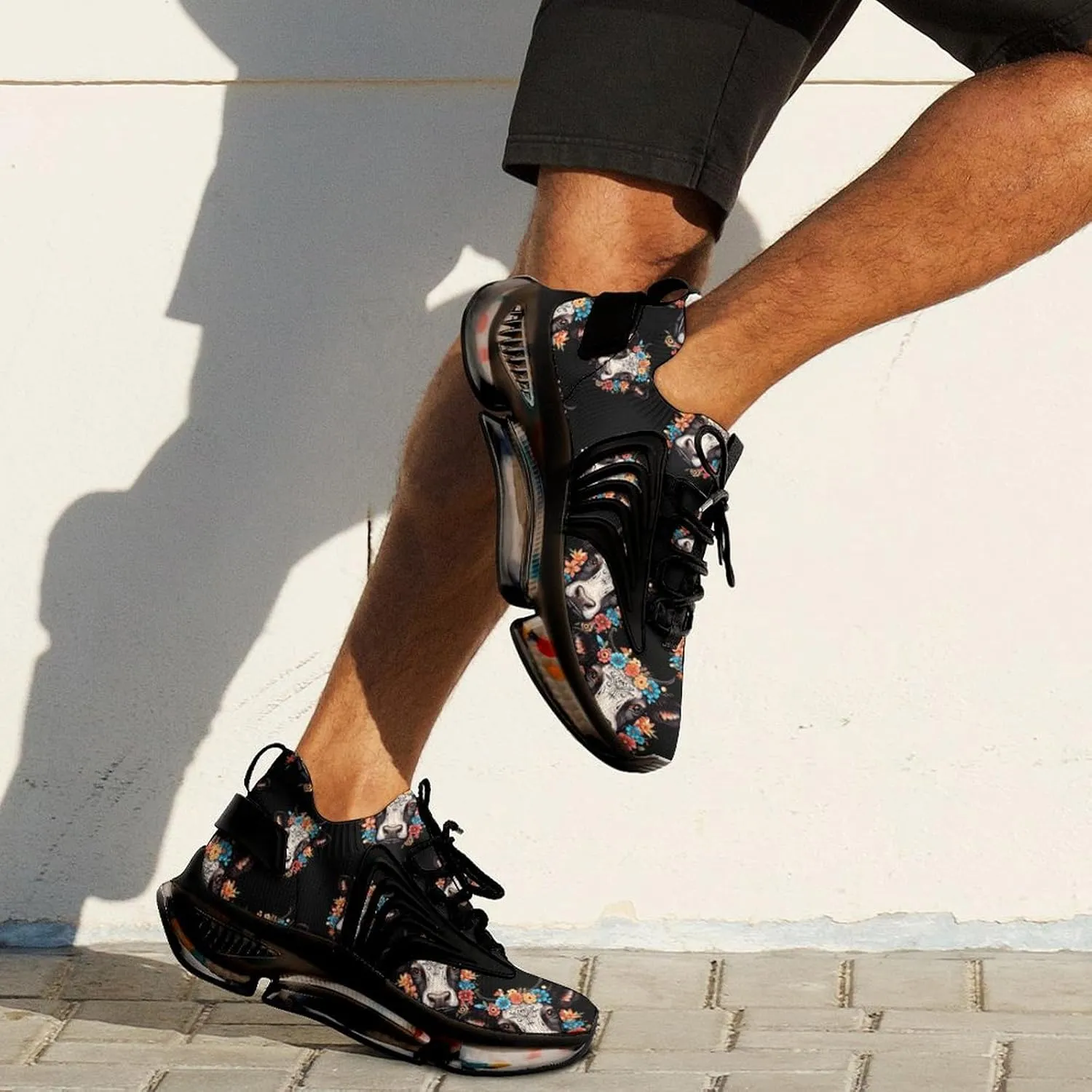 Floral Cow Head Mens Sneakers Running Shoes Lightweight Athletic Shoes for Jogging Walking Gym