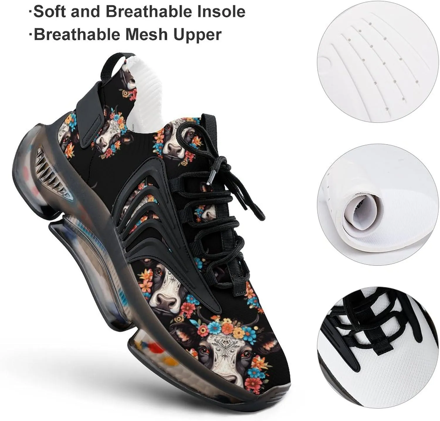 Floral Cow Head Mens Sneakers Running Shoes Lightweight Athletic Shoes for Jogging Walking Gym
