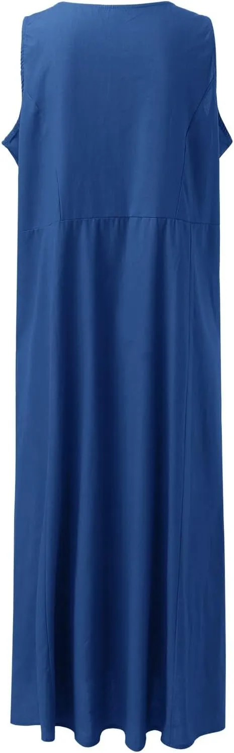 Flowy Beach Sundresd Women's Summer Casual Sleeveless Long Maxi Beach Dress Linen Shift Dresses Dresses Plus Size