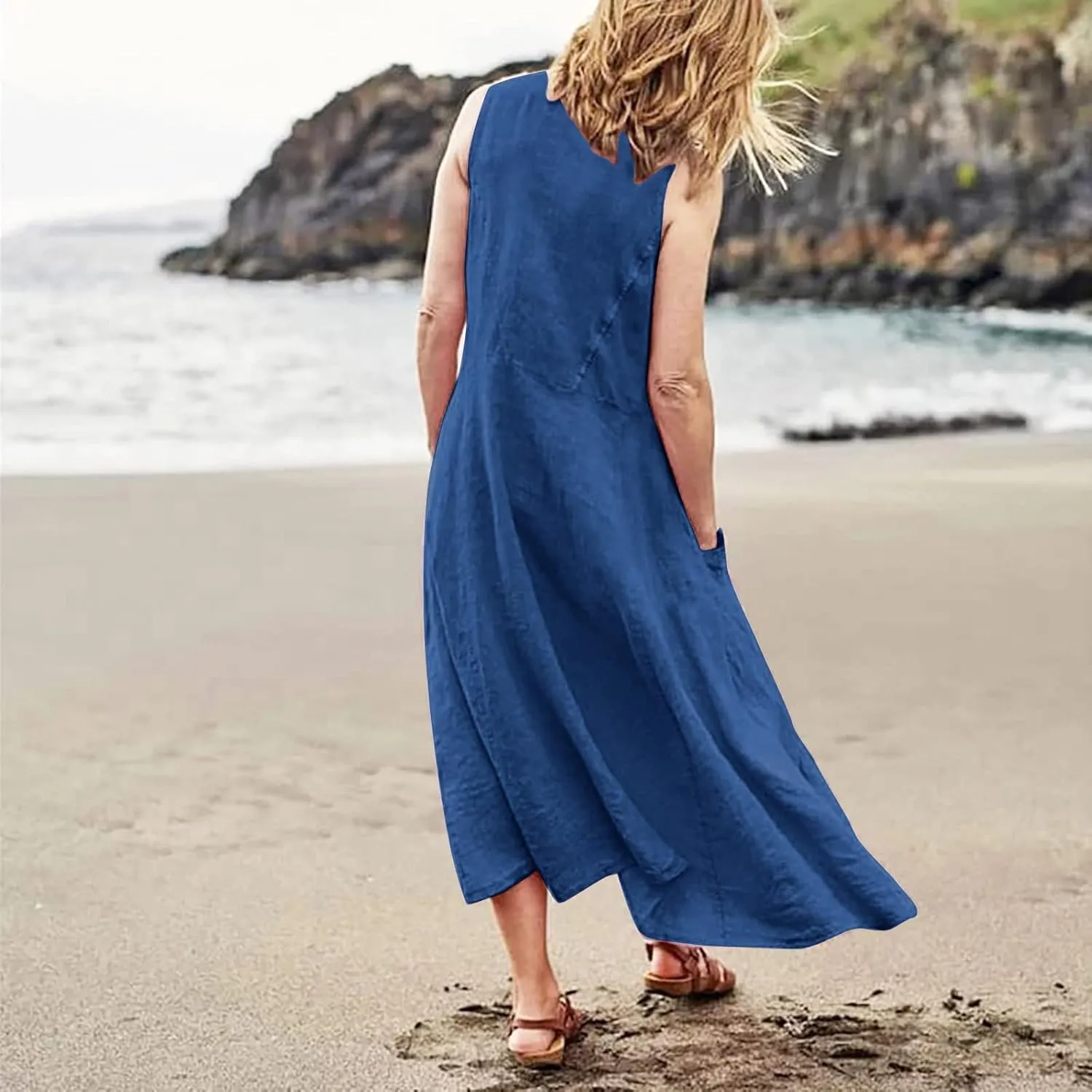 Flowy Beach Sundresd Women's Summer Casual Sleeveless Long Maxi Beach Dress Linen Shift Dresses Dresses Plus Size