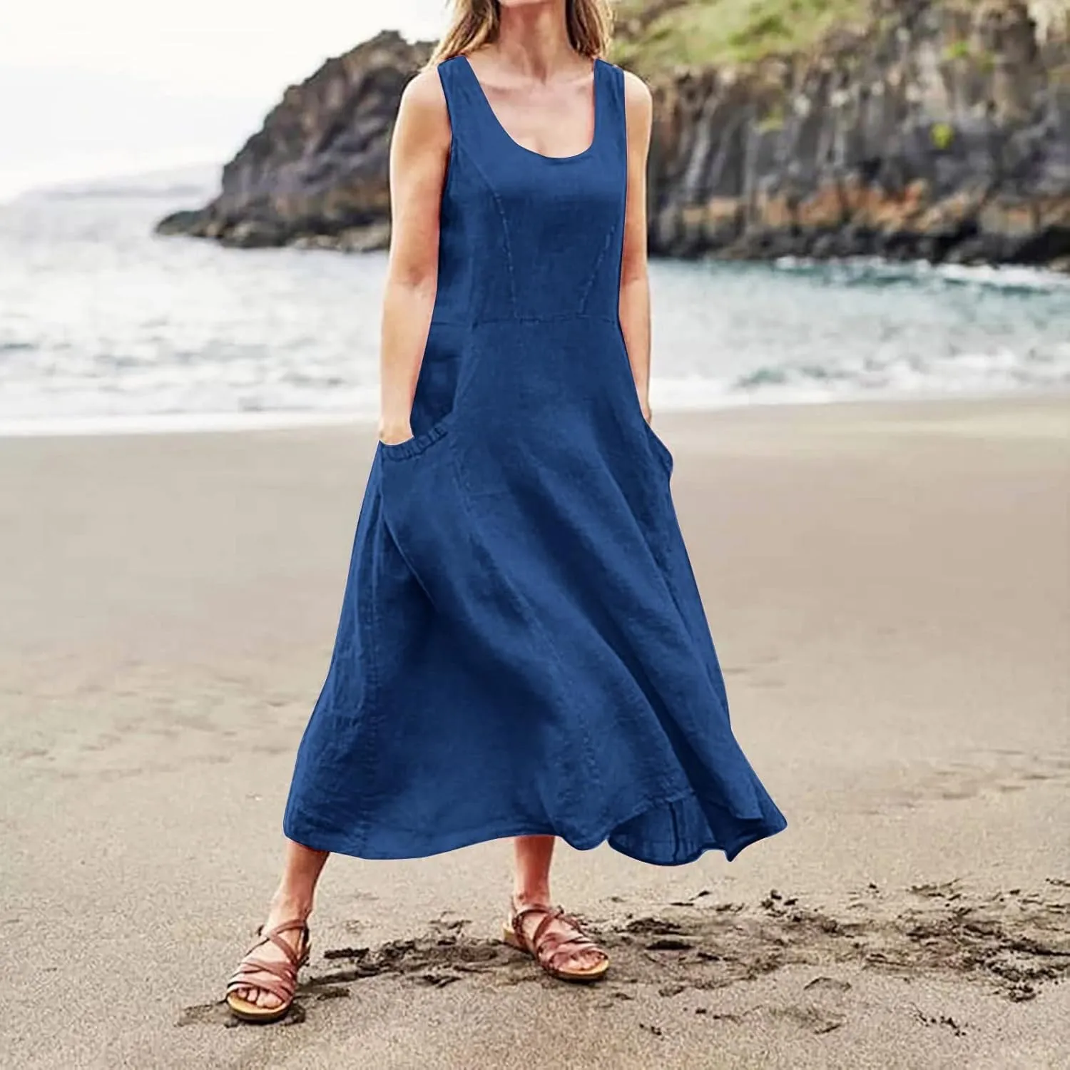 Flowy Beach Sundresd Women's Summer Casual Sleeveless Long Maxi Beach Dress Linen Shift Dresses Dresses Plus Size