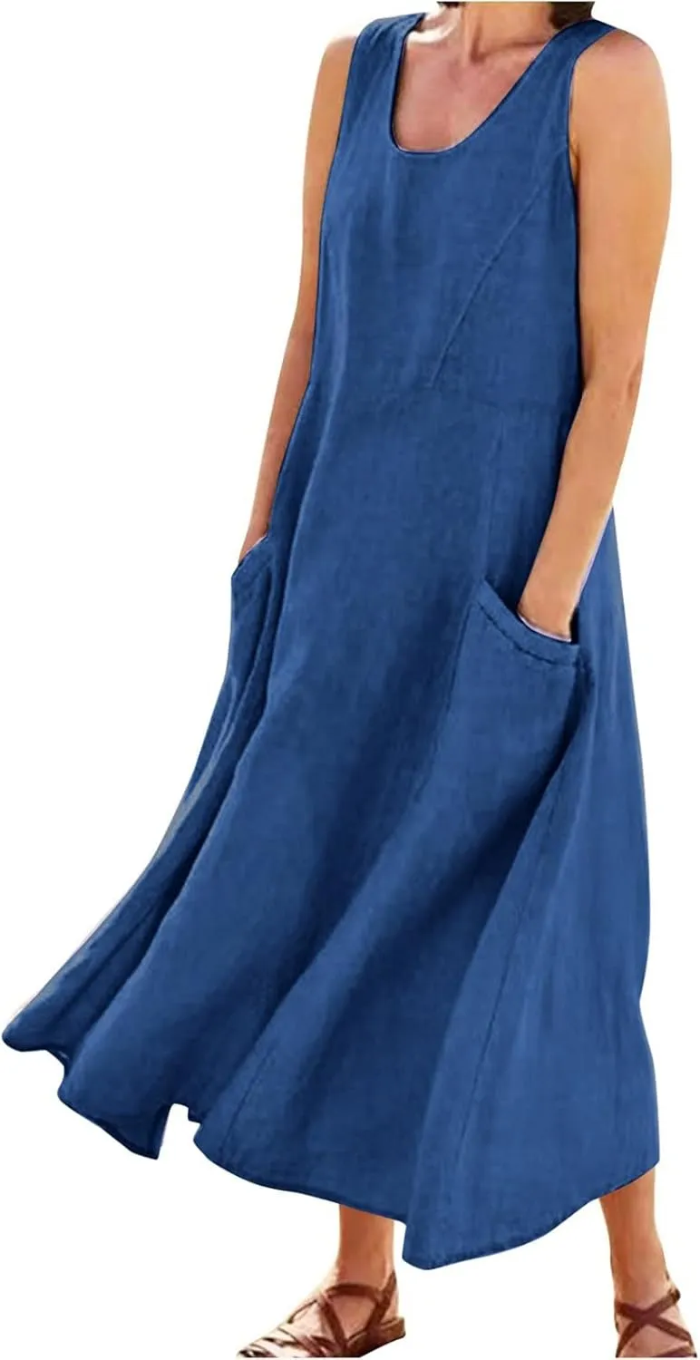 Flowy Beach Sundresd Women's Summer Casual Sleeveless Long Maxi Beach Dress Linen Shift Dresses Dresses Plus Size