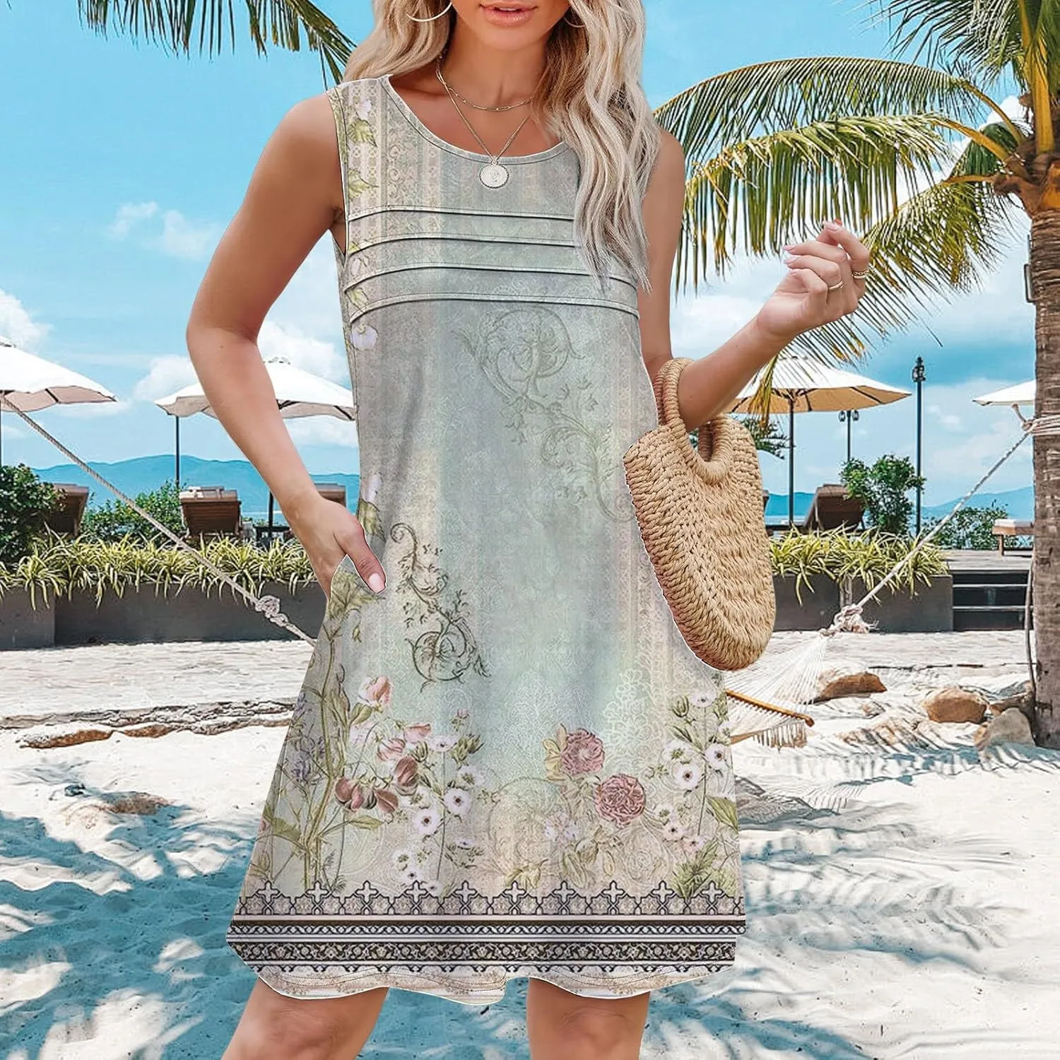 Flowy Summer Dresses for Women Womens with Pockets Summer Casual Tank Dress Sleeveless Midi Beach Dress Linen