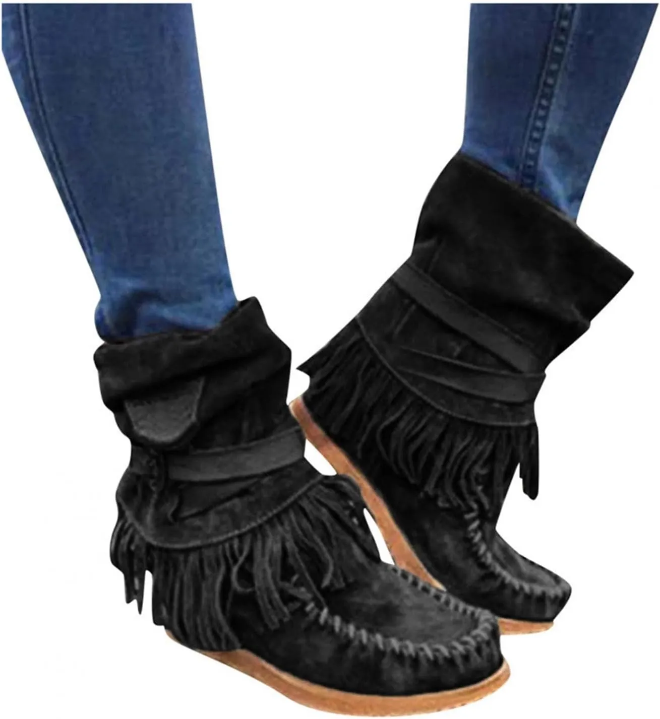 Gibobby Ankle Boots for Women Mid Knee High Boots Chunky Heel Fringe Side Zipper Fashion Winter Shoes Cowboy Booties