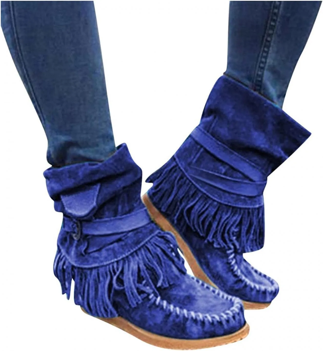 Gibobby Ankle Boots for Women Mid Knee High Boots Low Heel Fringe Side Zipper Fashion Winter Shoes Cowboy Booties