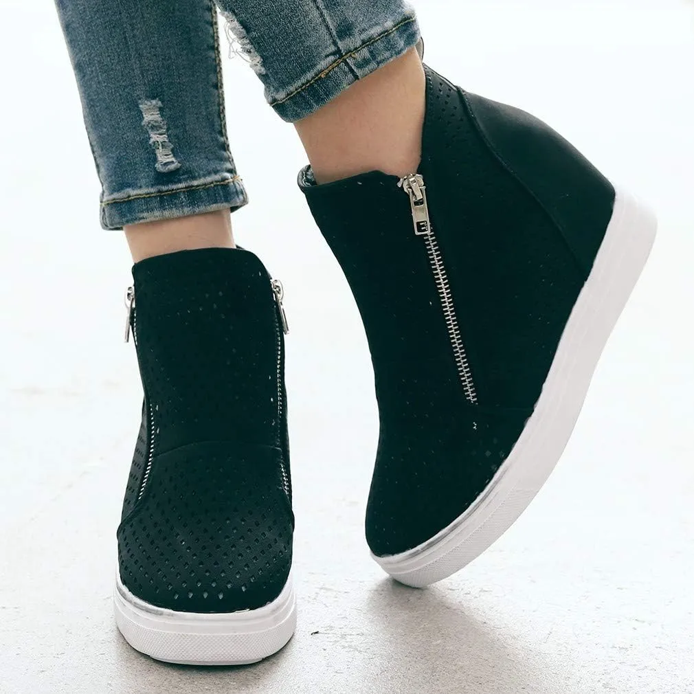 Gibobby Sneakers for Women Wide Width,Casual Slip On Lazy Shoes Breathable Hollow-Out Flat Loafers Wedge Shoes