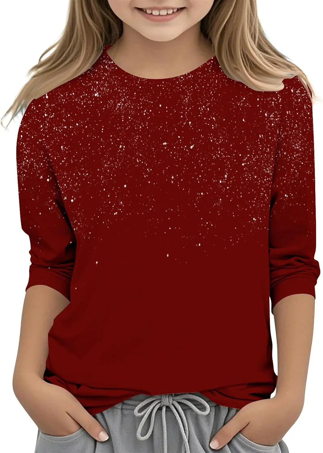 Girls 3/4 Length Sleeve Tops Casual Round Neck Cute Tops Fashion Loose Fit T-Shirts Girls Tops and Blouses
