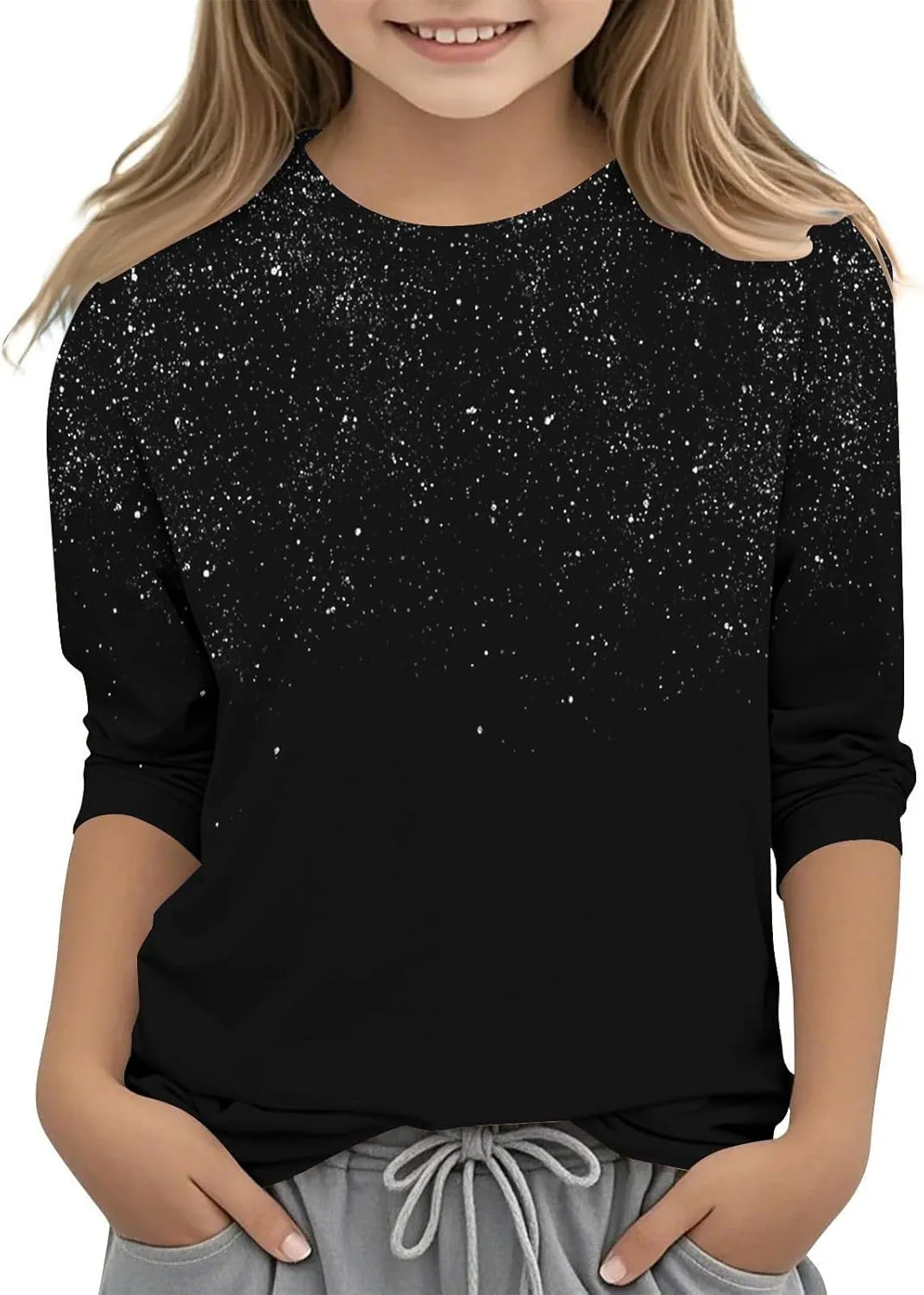 Girls 3/4 Length Sleeve Tops Casual Round Neck Cute Tops Fashion Loose Fit T-Shirts Girls Tops and Blouses