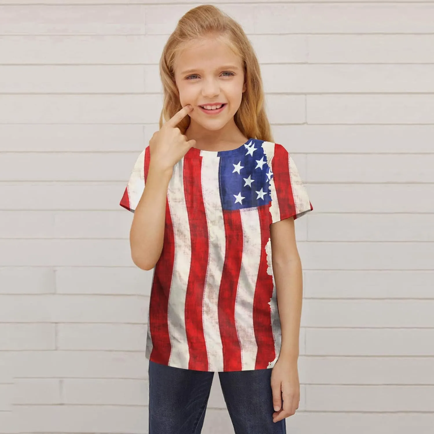 Girls Blouses Tie Dye Blouses Independence Day Graphic Tees Little Girls Tops Short Sleeve Scoop Neck T-Shirts