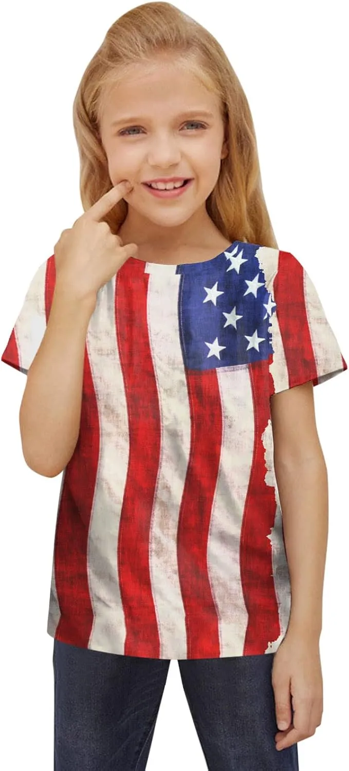 Girls Blouses Tie Dye Blouses Independence Day Graphic Tees Little Girls Tops Short Sleeve Scoop Neck T-Shirts