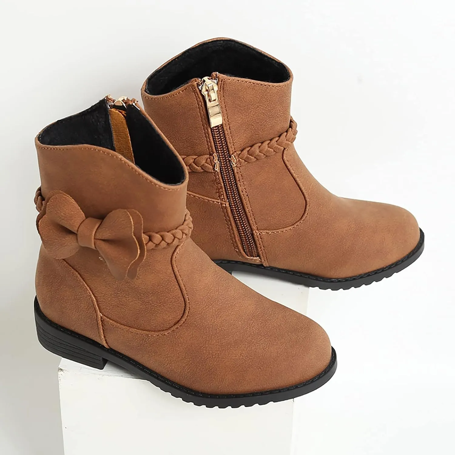 Girls Bow Decor Braided Detail Zip Side Western Boots Kids Ankle Boots Girls Low Heel Riding Snow Boots Girls Toddler 7