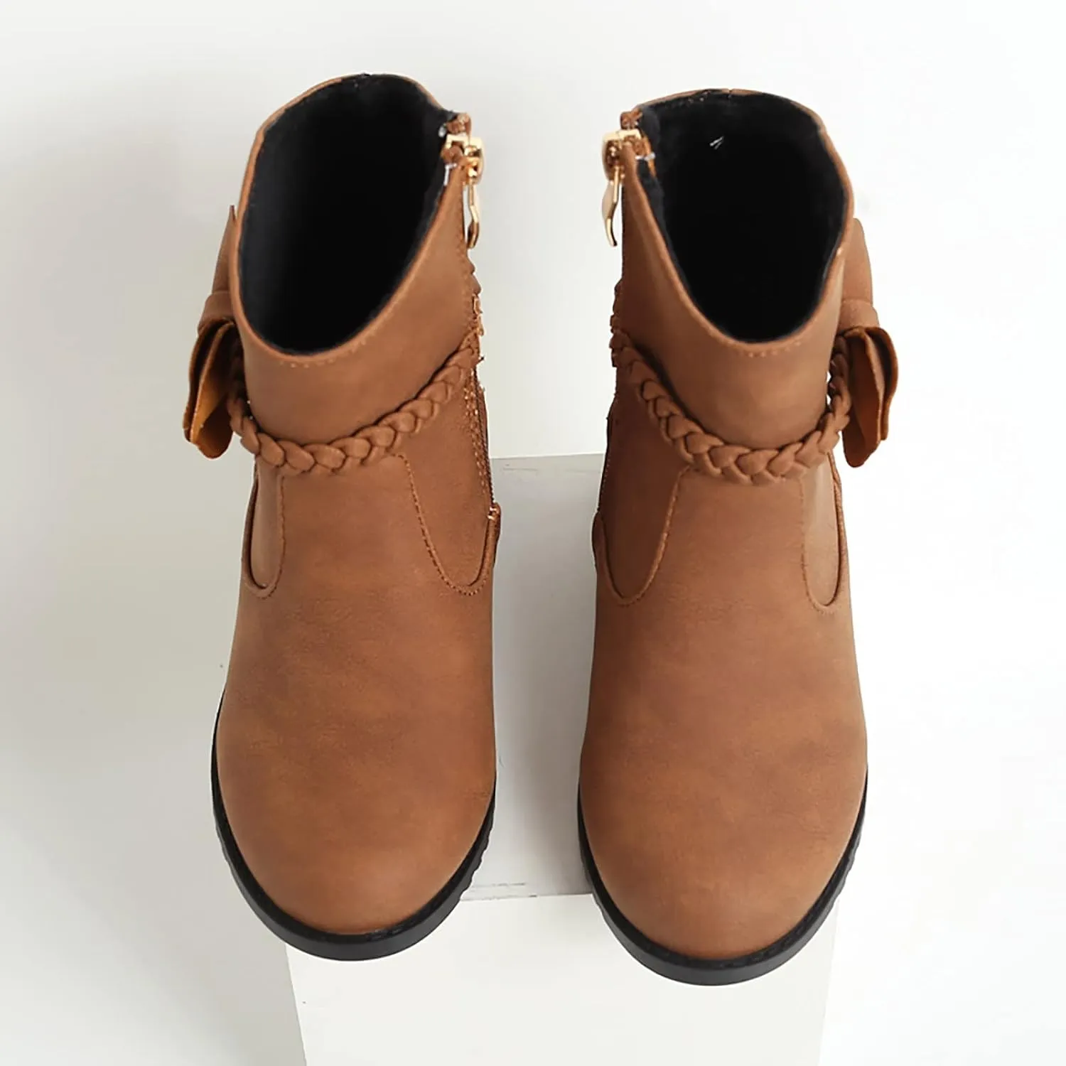 Girls Bow Decor Braided Detail Zip Side Western Boots Kids Ankle Boots Girls Low Heel Riding Snow Boots Girls Toddler 7