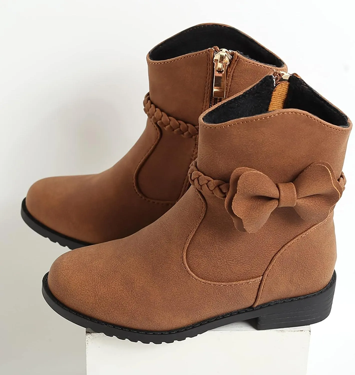 Girls Bow Decor Braided Detail Zip Side Western Boots Kids Ankle Boots Girls Low Heel Riding Snow Boots Girls Toddler 7