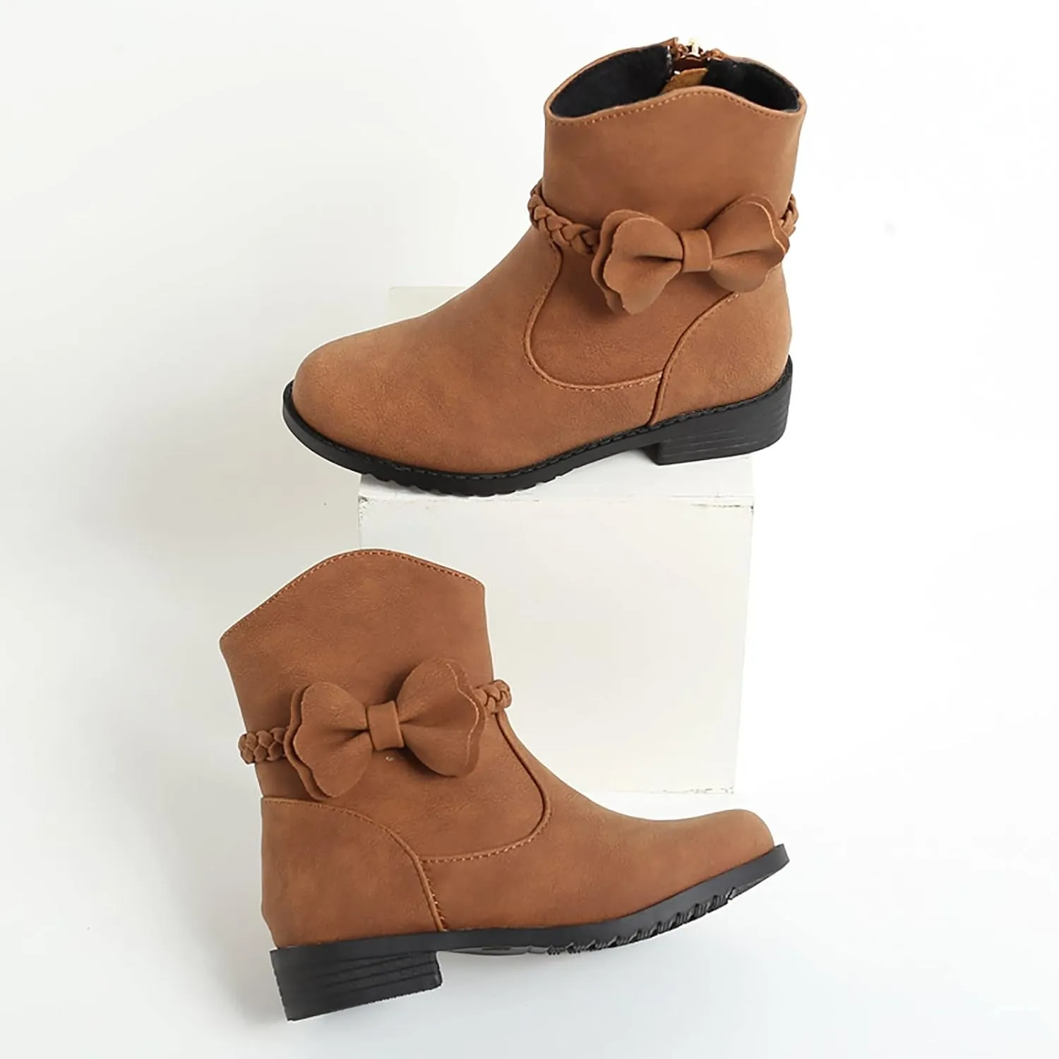 Girls Bow Decor Braided Detail Zip Side Western Boots Kids Ankle Boots Girls Low Heel Riding Snow Boots Girls Toddler 7