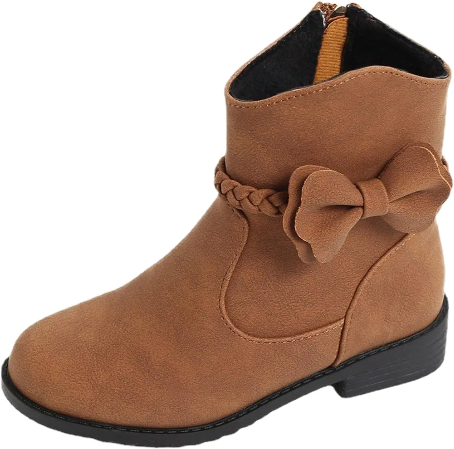 Girls Bow Decor Braided Detail Zip Side Western Boots Kids Ankle Boots Girls Low Heel Riding Snow Boots Girls Toddler 7