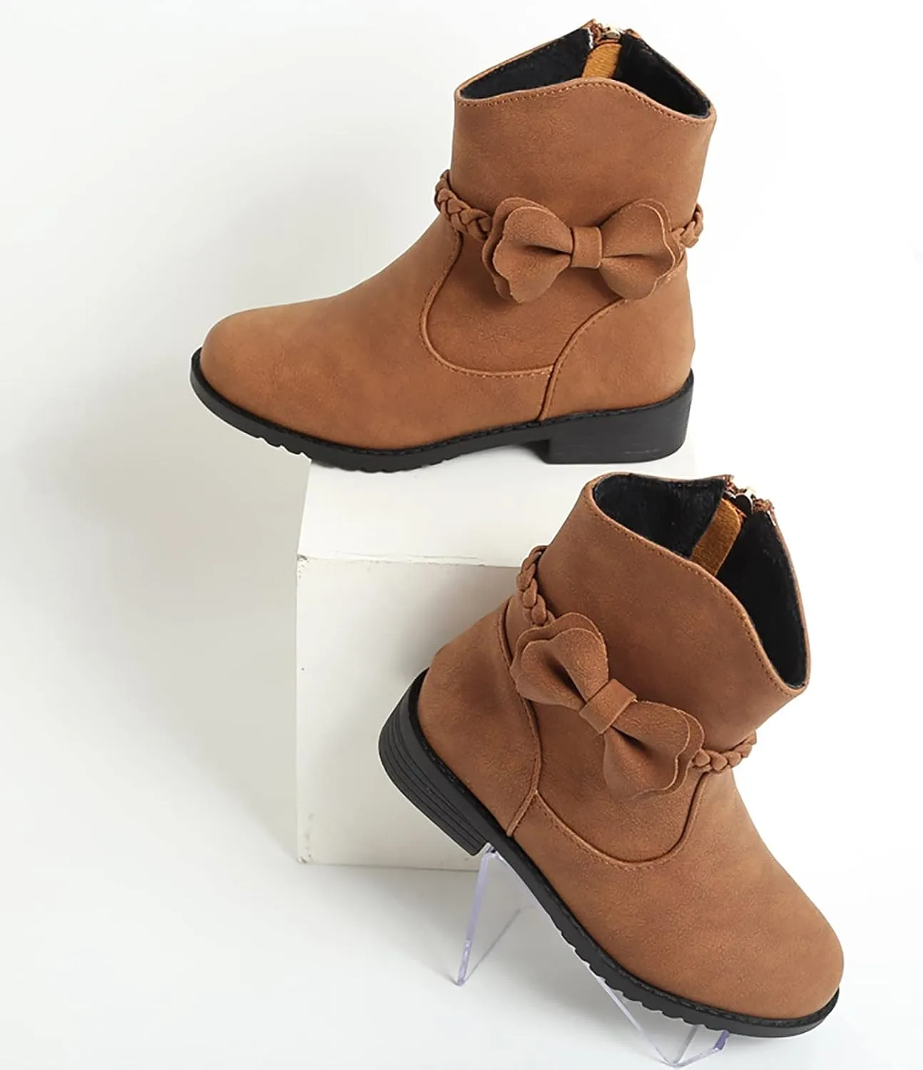Girls Bow Decor Braided Detail Zip Side Western Boots Kids Ankle Boots Girls Low Heel Riding Snow Boots Girls Toddler 7