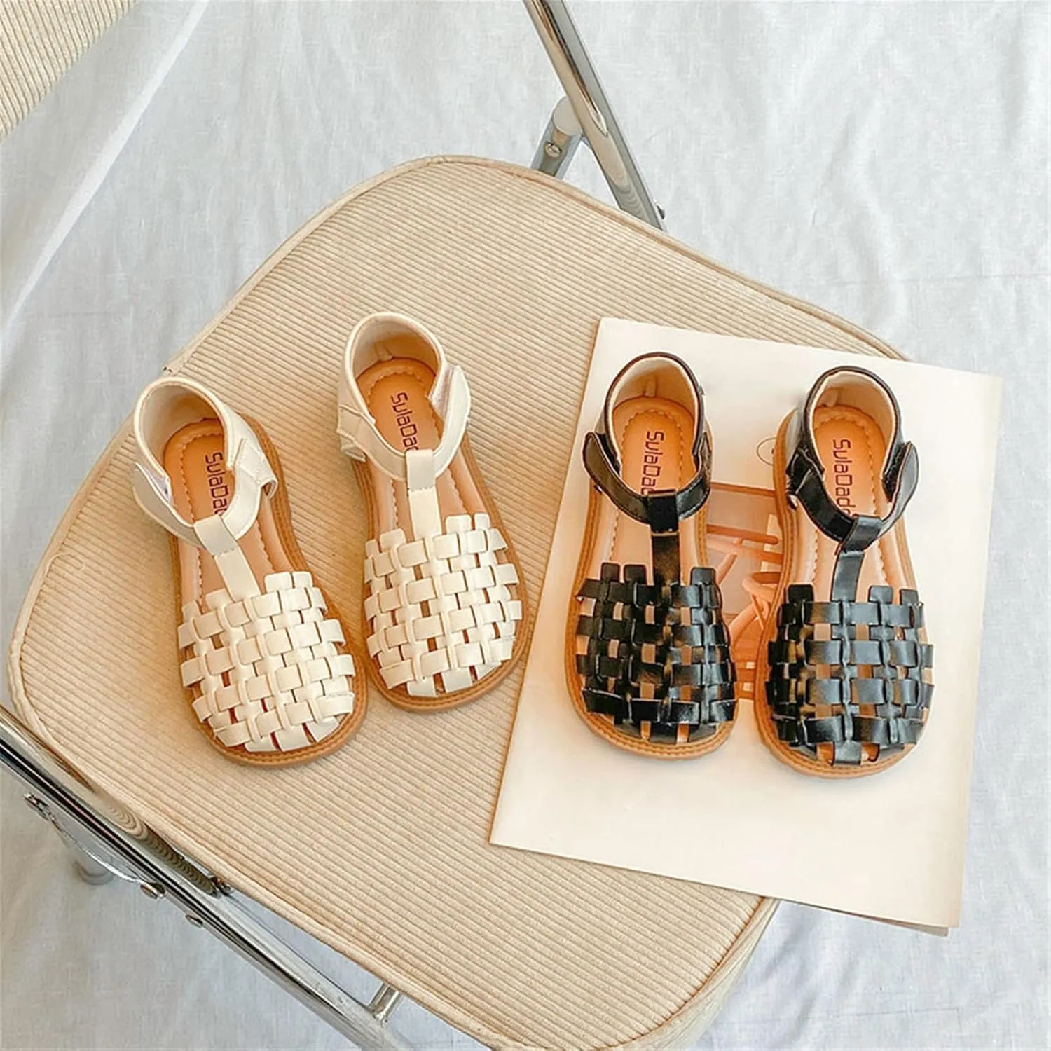 Girls Dress Sandals Leather Soft Closed Toe Princess Flat Shoes Summer Outdoor Beach Sandals(Toddler/Little Kid) (Beige, 10.5 Little Child)