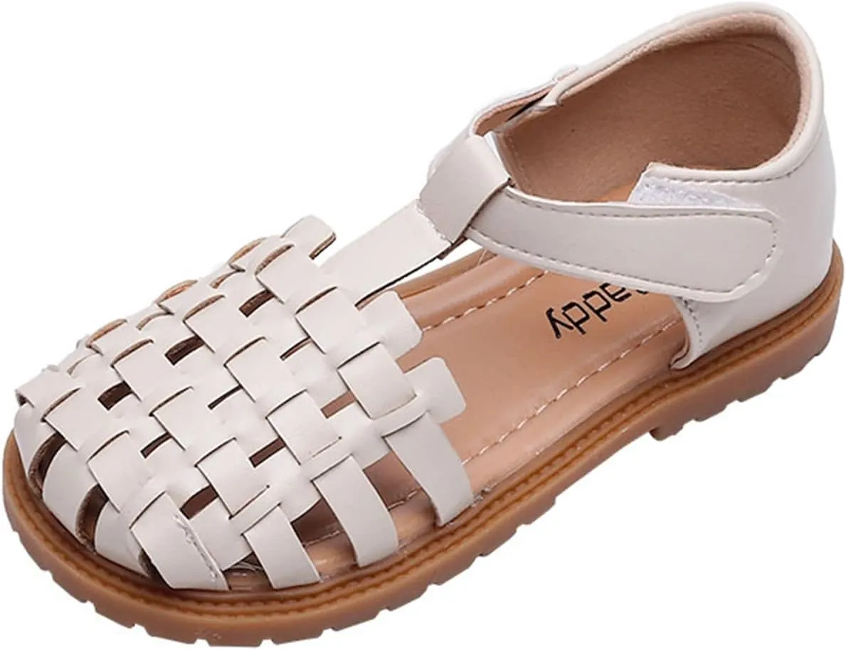 Girls Dress Sandals Leather Soft Closed Toe Princess Flat Shoes Summer Outdoor Beach Sandals(Toddler/Little Kid) (Beige, 10.5 Little Child)